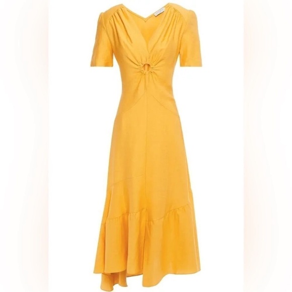 Sandro Paris Tamara Linen Asymmetric Cutout Gathered Twill Yellow Dress Size 34 - Picture 11 of 13